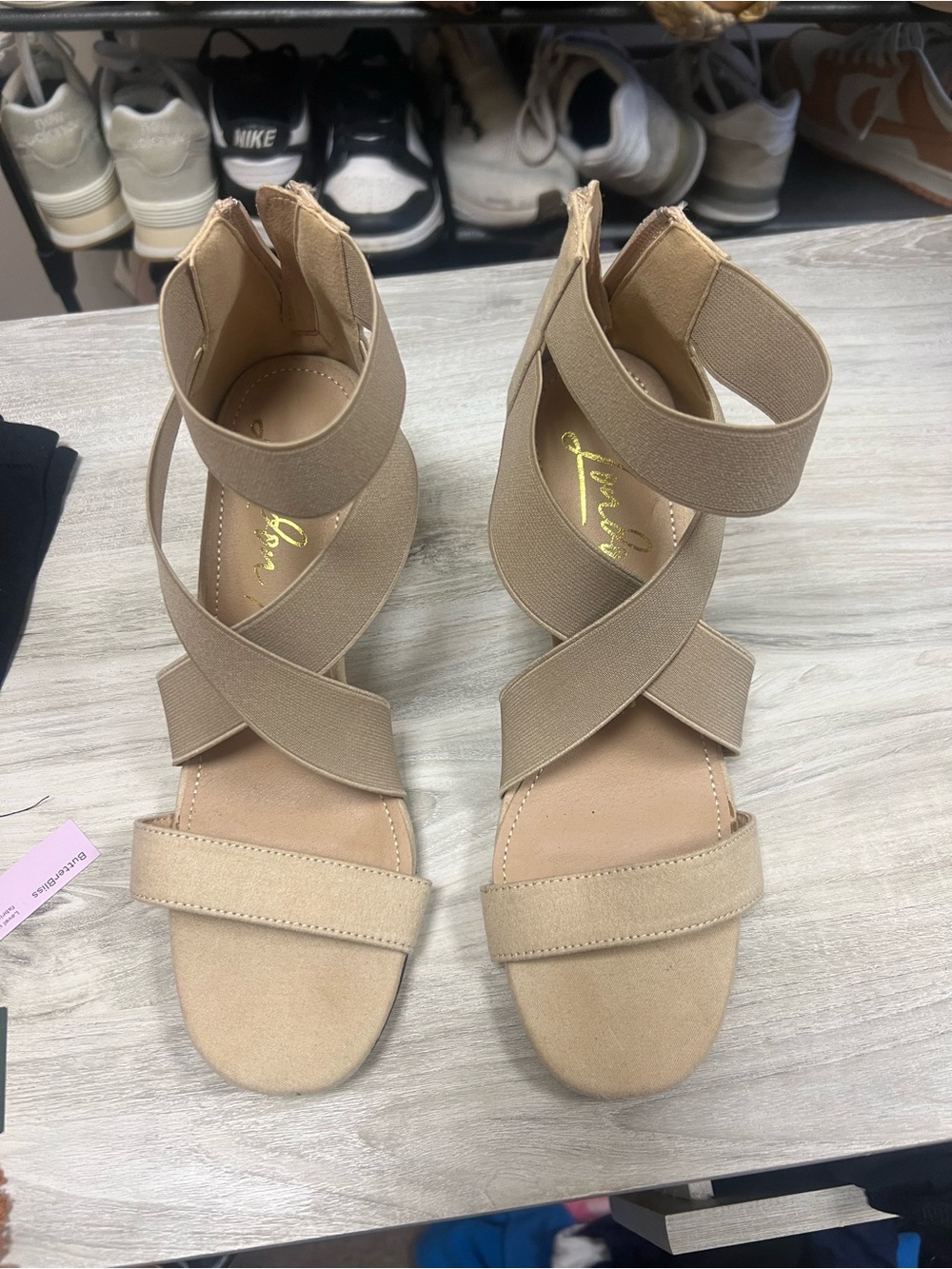 Beige Strappy Elastic Block Heel Sandals -